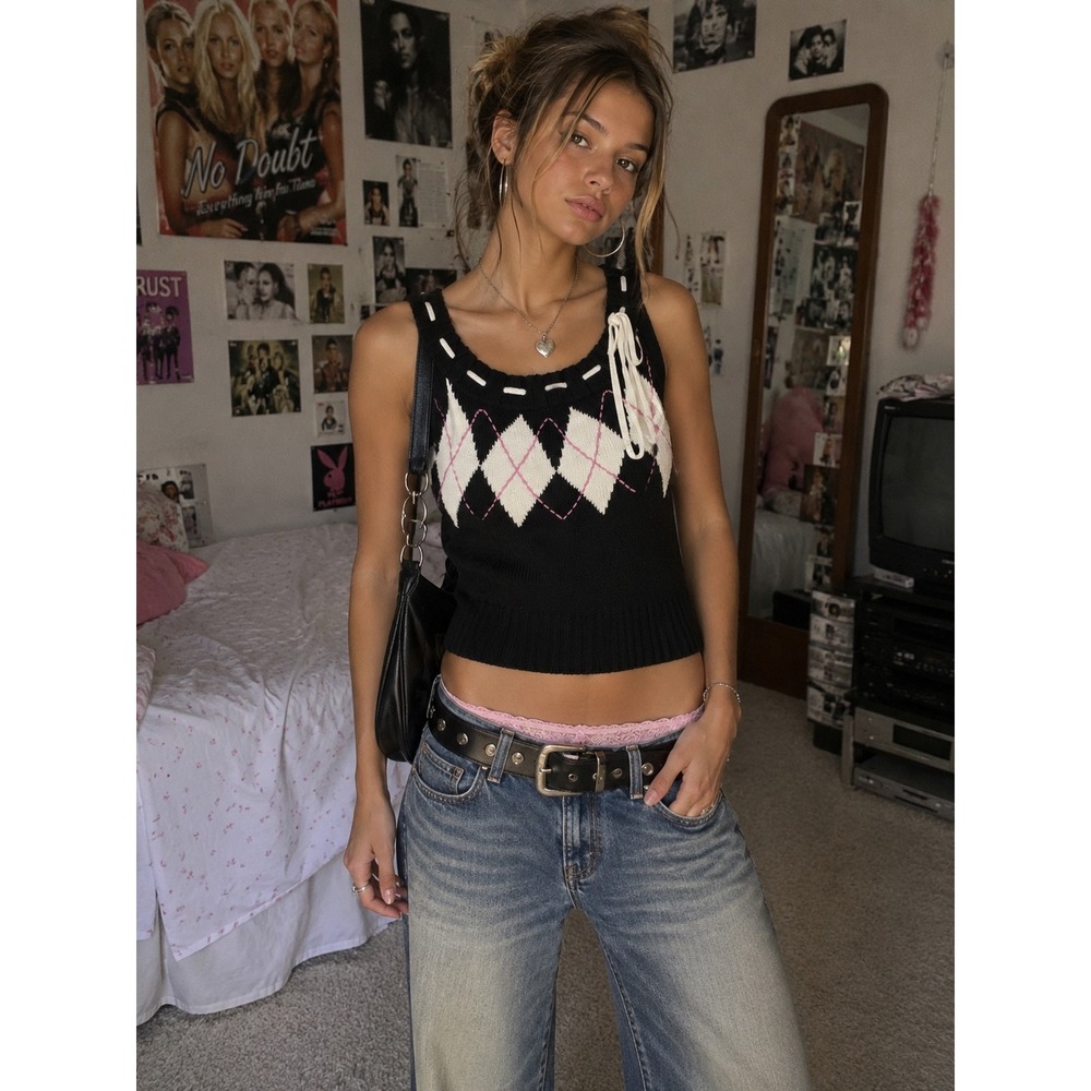 Takeout Black Argyle Knit Sweater Vest Pink White Tie Neck Sleeveless Top Medium